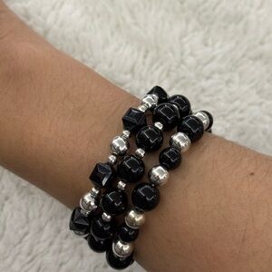 Elegant Black and Silver Beaded Bracelet Set